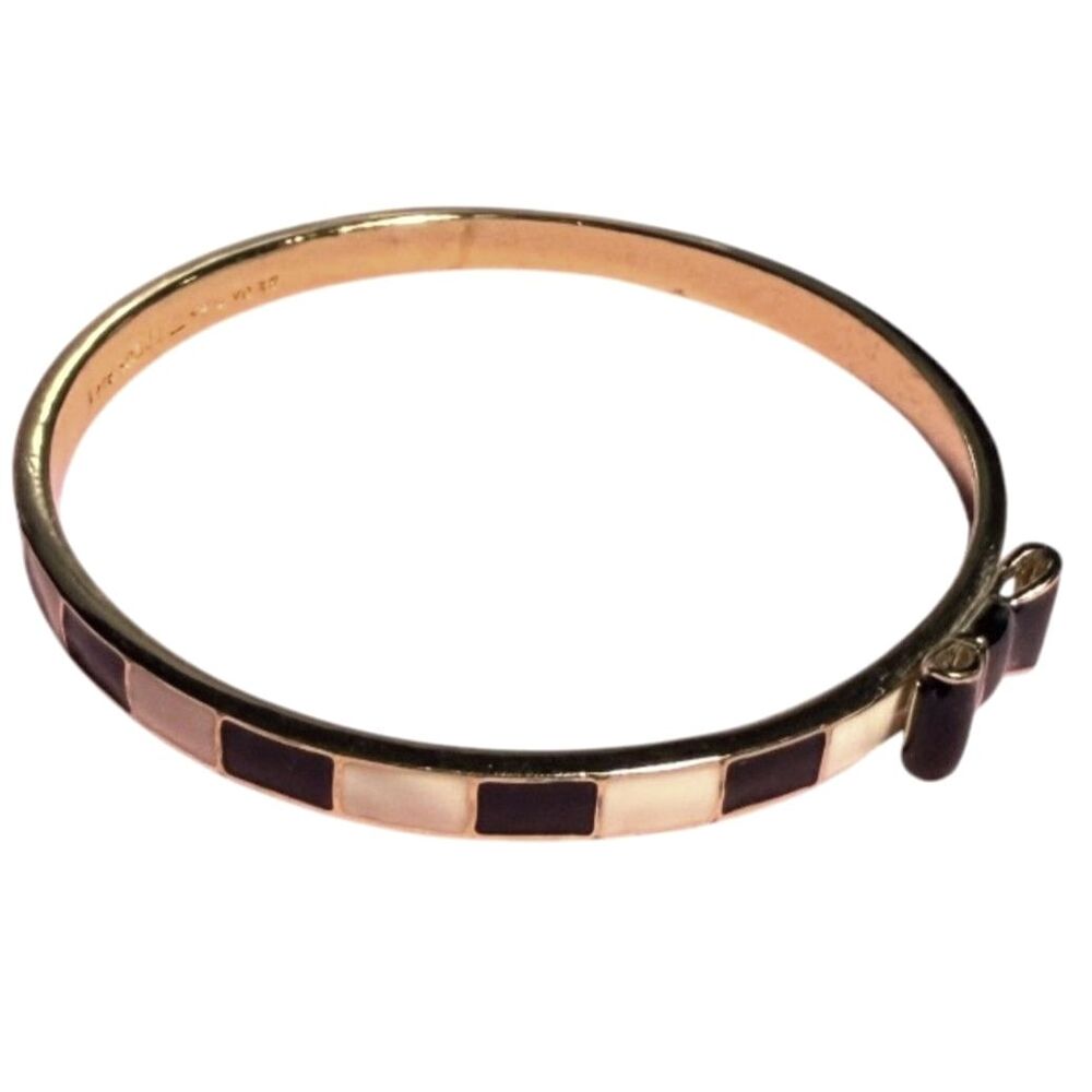 Kate Spade Take A Bow Black And Cream Stripe Enamel Bangle Bracelet - Gold Tone - Picture 2 of 6